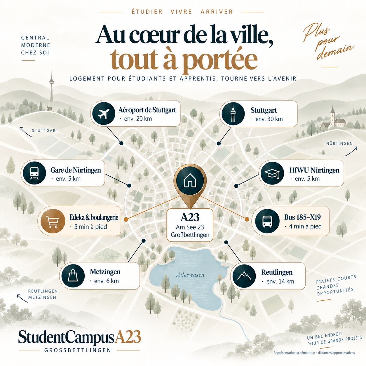Carte illustrée : A23 Am See 23 Großbettlingen avec distances — HfWU Nürtingen et gare de Nürtingen env. 5 km, Metzingen 6 km, Reutlingen 14 km, aéroport de Stuttgart 20 km, Stuttgart 30 km, bus et supermarché à quelques minutes à pied