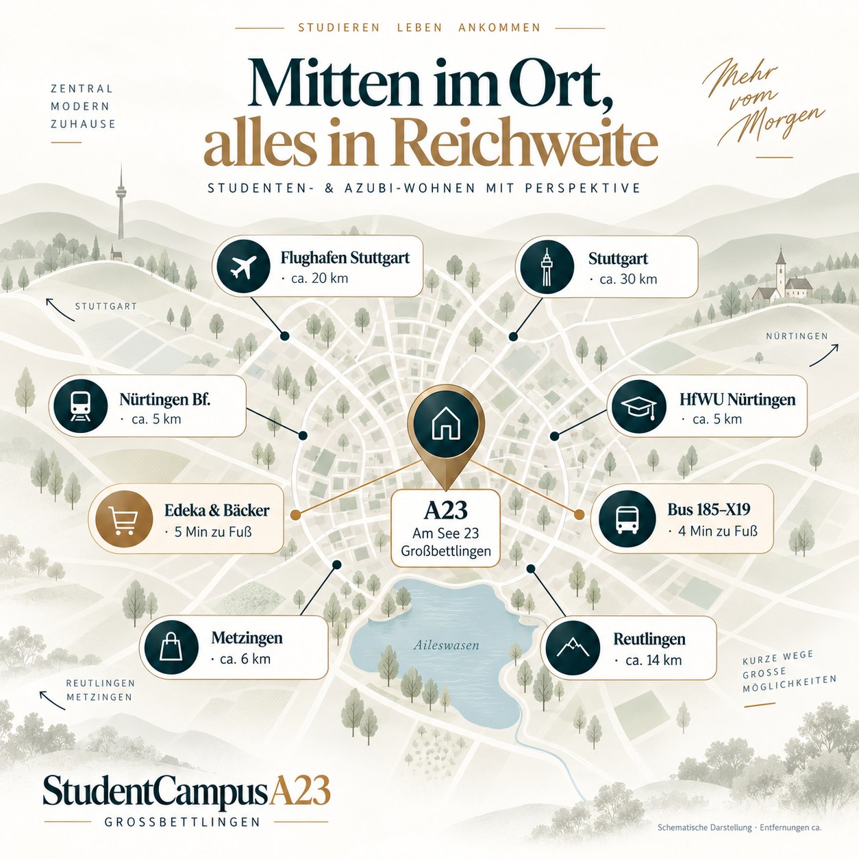 Illustrierte Lagekarte: A23 Am See 23 Großbettlingen mit Entfernungen — HfWU Nürtingen und Nürtingen Bf. ca. 5 km, Metzingen ca. 6 km, Reutlingen ca. 14 km, Flughafen Stuttgart ca. 20 km, Stuttgart ca. 30 km, Bus und Edeka wenige Minuten zu Fuß