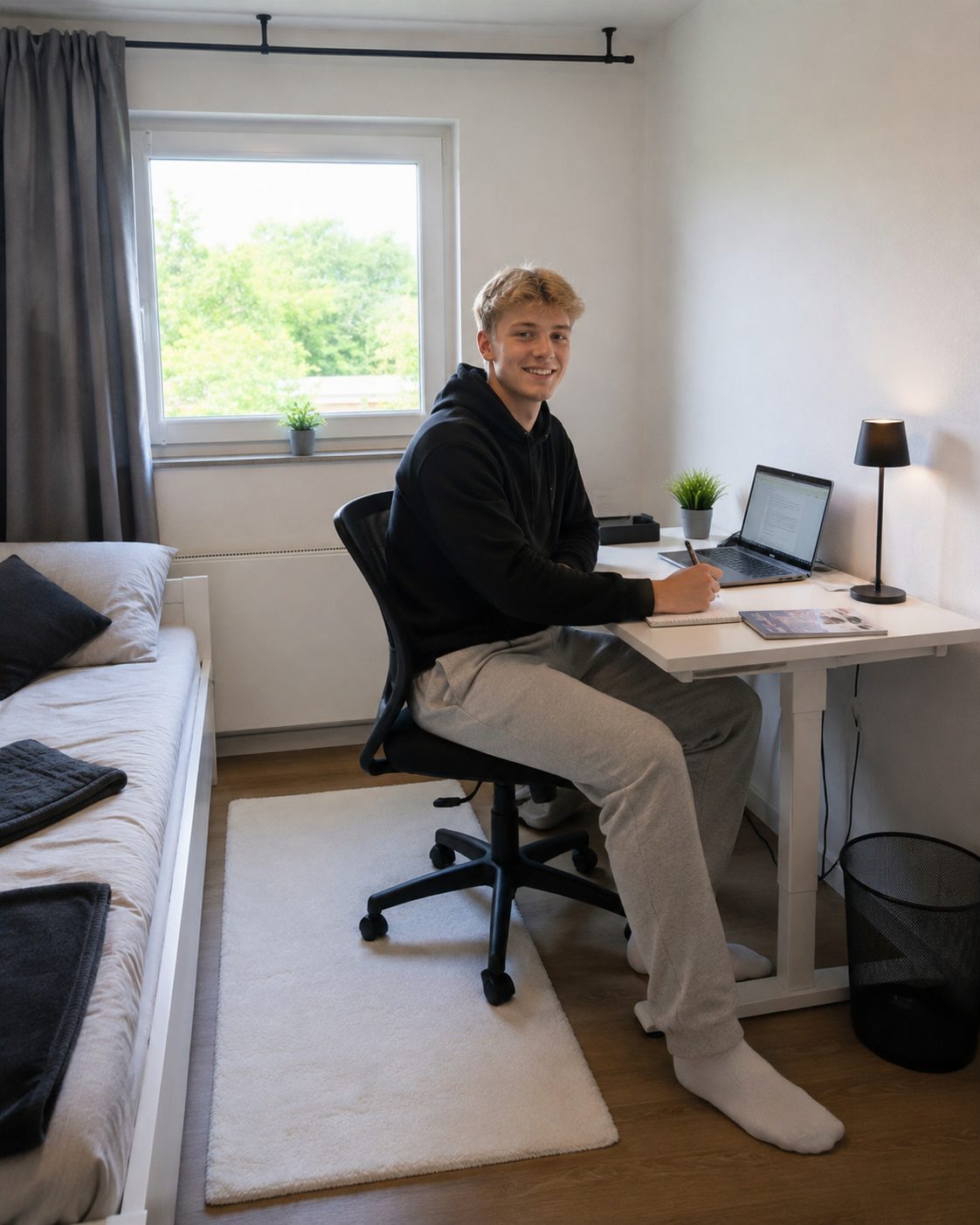 Junger Azubi arbeitet am Schreibtisch in seinem möblierten Zimmer im A23 bei Nürtingen