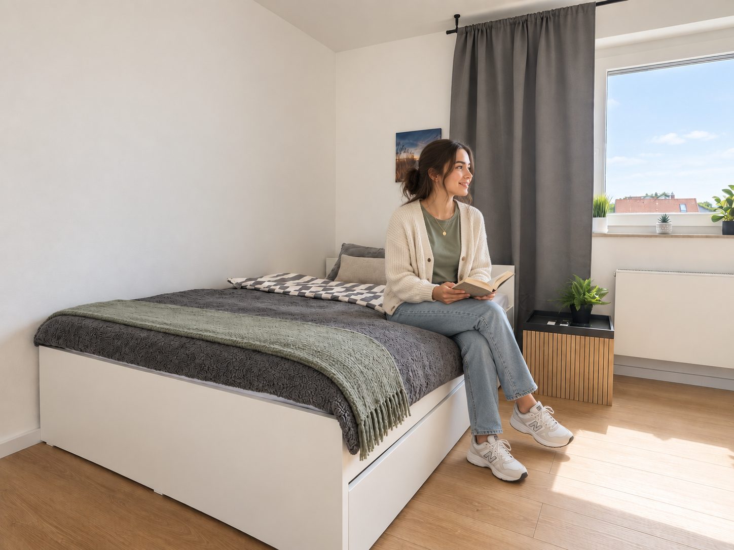 Étudiante qui lit sur le lit de la chambre 3 de l'A23