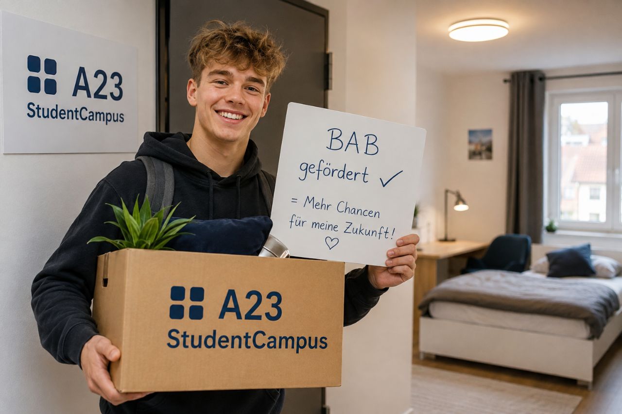 Azubi zeigt Tablet mit „BAB bewilligt!“ und Checkliste Miete, WG-Zimmer, Neustart im A23 StudentCampus