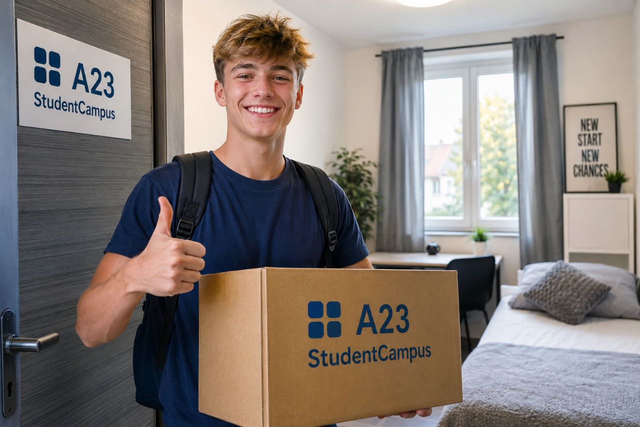 Azubi mit Umzugskarton und Schild „BAB gefördert = mehr Chancen für meine Zukunft“ beim Einzug ins WG-Zimmer im A23 StudentCampus