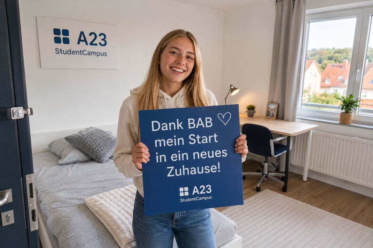 Azubi mit Schild „Mit BAB gefördert — mein Start in eine sichere Zukunft“ im möblierten WG-Zimmer im A23 StudentCampus