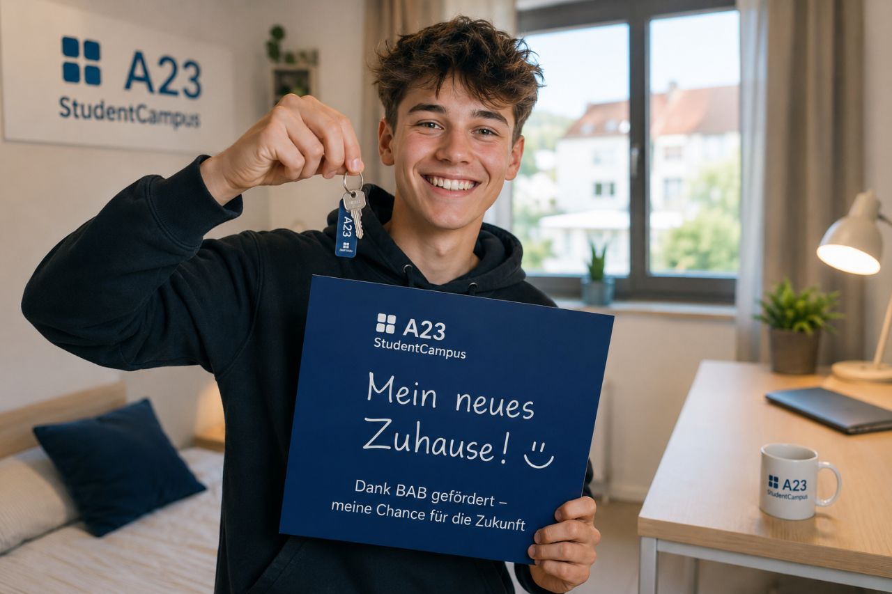 Azubi mit Zimmerschlüssel und Schild „Mit BAB in mein neues Zuhause!“ im A23 StudentCampus